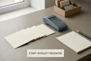 Karty z etapami rozliczenia ułożone na biurku obok neutralnego urządzenia płatniczego